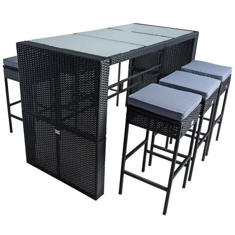 Ensemble De Bar De Jardin 6 Tabourets + Coussins + Table En Polyrotin Noir 3 Ensemble De Bar De Jardin 6 Tabourets + Coussins + Table En Polyrotin Noir