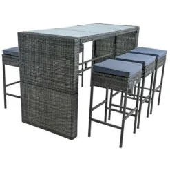 Ensemble De Bar De Jardin 6 Tabourets 1 Table En Polyrotin Gris Anthracite