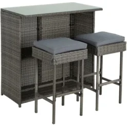 Ensemble De Bar De Jardin 2 Tabourets Table + Rangement En Polyrotin Gris