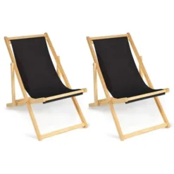Lot De 2 Chaises Longues Pliantes Chilienne Bois Toile Noire