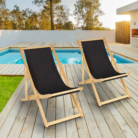 Lot De 2 Chaises Longues Pliantes Chilienne Bois Toile Noire 4 Lot De 2 Chaises Longues Pliantes Chilienne Bois Toile Noire – Image 2