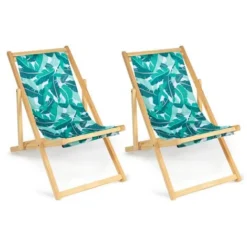 Lot De 2 Chaises Longues Pliantes Chilienne Bois Toile Tropicale