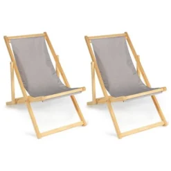 Lot De 2 Chaises Longues Pliantes Chilienne Bois Toile Taupe