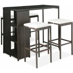 Meuble De Bar De Jardin 5 Pcs Et Coussins Résine Tressée Marron VidaXL