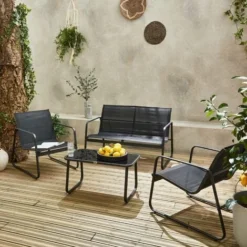 Salon De Jardin En Métal Et Textilène Pour 4 Personnes. Gris Foncé Et Noir. Design -Promos Verde Rêverie Boutique 30154426 3