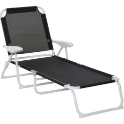 OUTSUNNY Bain De Soleil Pliable - Transat Inclinable 4 Positions - Chaise Longue Grand Confort Avec Accoudoirs - Métal époxy Textilène - Dim. 160L X 66l X 80H Cm - Noir