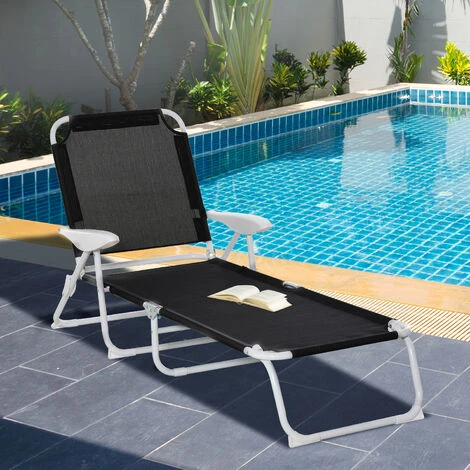 OUTSUNNY Bain De Soleil Pliable - Transat Inclinable 4 Positions - Chaise Longue Grand Confort Avec Accoudoirs - Métal époxy Textilène - Dim. 160L X 66l X 80H Cm - Noir 4 OUTSUNNY Bain De Soleil Pliable - Transat Inclinable 4 Positions - Chaise Longue Grand Confort Avec Accoudoirs - Métal époxy Textilène - Dim. 160L X 66l X 80H Cm - Noir – Image 2