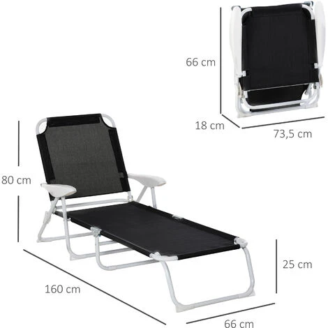 OUTSUNNY Bain De Soleil Pliable - Transat Inclinable 4 Positions - Chaise Longue Grand Confort Avec Accoudoirs - Métal époxy Textilène - Dim. 160L X 66l X 80H Cm - Noir 5 OUTSUNNY Bain De Soleil Pliable - Transat Inclinable 4 Positions - Chaise Longue Grand Confort Avec Accoudoirs - Métal époxy Textilène - Dim. 160L X 66l X 80H Cm - Noir – Image 3