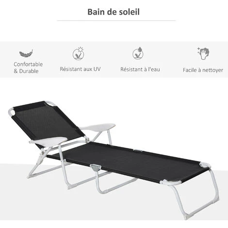 OUTSUNNY Bain De Soleil Pliable - Transat Inclinable 4 Positions - Chaise Longue Grand Confort Avec Accoudoirs - Métal époxy Textilène - Dim. 160L X 66l X 80H Cm - Noir 6 OUTSUNNY Bain De Soleil Pliable - Transat Inclinable 4 Positions - Chaise Longue Grand Confort Avec Accoudoirs - Métal époxy Textilène - Dim. 160L X 66l X 80H Cm - Noir – Image 4