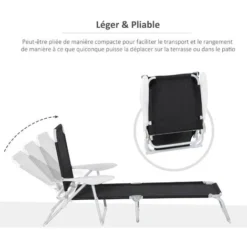 OUTSUNNY Bain De Soleil Pliable - Transat Inclinable 4 Positions - Chaise Longue Grand Confort Avec Accoudoirs - Métal époxy Textilène - Dim. 160L X 66l X 80H Cm - Noir 11 OUTSUNNY Bain De Soleil Pliable - Transat Inclinable 4 Positions - Chaise Longue Grand Confort Avec Accoudoirs - Métal époxy Textilène - Dim. 160L X 66l X 80H Cm - Noir -Promos Verde Rêverie Boutique 30163951 5