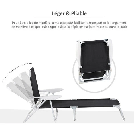 OUTSUNNY Bain De Soleil Pliable - Transat Inclinable 4 Positions - Chaise Longue Grand Confort Avec Accoudoirs - Métal époxy Textilène - Dim. 160L X 66l X 80H Cm - Noir 7 OUTSUNNY Bain De Soleil Pliable - Transat Inclinable 4 Positions - Chaise Longue Grand Confort Avec Accoudoirs - Métal époxy Textilène - Dim. 160L X 66l X 80H Cm - Noir – Image 5