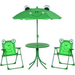 OUTSUNNY Ensemble Salon De Jardin Enfant 4 Pcs Design Grenouille - Table Ronde + 2 Chaises Pliables + Parasol - Métal époxy Oxford Vert