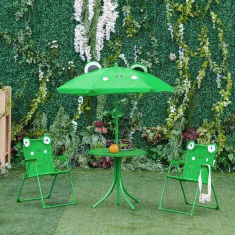 OUTSUNNY Ensemble Salon De Jardin Enfant 4 Pcs Design Grenouille - Table Ronde + 2 Chaises Pliables + Parasol - Métal époxy Oxford Vert 4 OUTSUNNY Ensemble Salon De Jardin Enfant 4 Pcs Design Grenouille - Table Ronde + 2 Chaises Pliables + Parasol - Métal époxy Oxford Vert – Image 2