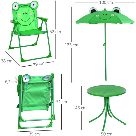 OUTSUNNY Ensemble Salon De Jardin Enfant 4 Pcs Design Grenouille - Table Ronde + 2 Chaises Pliables + Parasol - Métal époxy Oxford Vert 5 OUTSUNNY Ensemble Salon De Jardin Enfant 4 Pcs Design Grenouille - Table Ronde + 2 Chaises Pliables + Parasol - Métal époxy Oxford Vert – Image 3