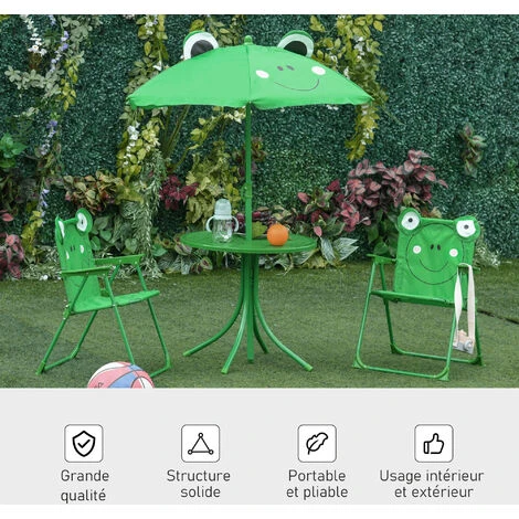 OUTSUNNY Ensemble Salon De Jardin Enfant 4 Pcs Design Grenouille - Table Ronde + 2 Chaises Pliables + Parasol - Métal époxy Oxford Vert 6 OUTSUNNY Ensemble Salon De Jardin Enfant 4 Pcs Design Grenouille - Table Ronde + 2 Chaises Pliables + Parasol - Métal époxy Oxford Vert – Image 4