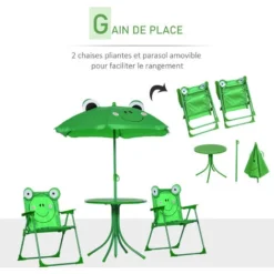 OUTSUNNY Ensemble Salon De Jardin Enfant 4 Pcs Design Grenouille - Table Ronde + 2 Chaises Pliables + Parasol - Métal époxy Oxford Vert 11 OUTSUNNY Ensemble Salon De Jardin Enfant 4 Pcs Design Grenouille - Table Ronde + 2 Chaises Pliables + Parasol - Métal époxy Oxford Vert -Promos Verde Rêverie Boutique 30329561 5
