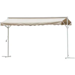 OUTSUNNY Store Double Pente Manuel Rétractable Inclinaison Réglable Acier époxy Blanc Polyester Imperméabilisé Anti-UV Beige Dim. 3L X 2,95l X 2,6H M