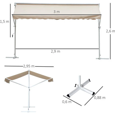 OUTSUNNY Store Double Pente Manuel Rétractable Inclinaison Réglable Acier époxy Blanc Polyester Imperméabilisé Anti-UV Beige Dim. 3L X 2,95l X 2,6H M 5 OUTSUNNY Store Double Pente Manuel Rétractable Inclinaison Réglable Acier époxy Blanc Polyester Imperméabilisé Anti-UV Beige Dim. 3L X 2,95l X 2,6H M – Image 3