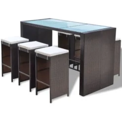 Meuble De Bar De Jardin 7 Pcs Et Coussins Résine Tressée Marron VidaXL