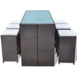 Meuble De Bar De Jardin 7 Pcs Et Coussins Résine Tressée Marron VidaXL -Promos Verde Rêverie Boutique 3086034 4