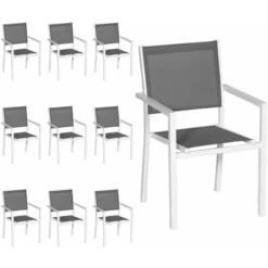 Lot De 10 Chaises En Aluminium Blanc - Textilène Gris