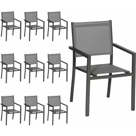 Lot De 10 Chaises En Aluminium Anthracite - Textilène Gris 3 Lot De 10 Chaises En Aluminium Anthracite - Textilène Gris