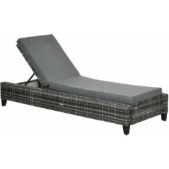 OUTSUNNY Bain De Soleil Transat Grand Confort Matelas Inclinaison Réglable Multipositions Résine Tressée Grise