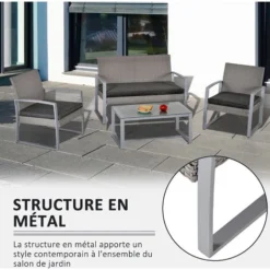 OUTSUNNY Ensemble Salon De Jardin Design Contemporain Style Yachting 4 Places Coussins Inclus Table Basse Métal époxy Résine Tressée Grise 11 OUTSUNNY Ensemble Salon De Jardin Design Contemporain Style Yachting 4 Places Coussins Inclus Table Basse Métal époxy Résine Tressée Grise -Promos Verde Rêverie Boutique 31662311 5