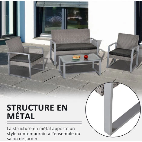 OUTSUNNY Ensemble Salon De Jardin Design Contemporain Style Yachting 4 Places Coussins Inclus Table Basse Métal époxy Résine Tressée Grise 7 OUTSUNNY Ensemble Salon De Jardin Design Contemporain Style Yachting 4 Places Coussins Inclus Table Basse Métal époxy Résine Tressée Grise – Image 5