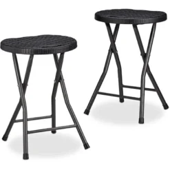 Relaxdays Tabouret De Jardin Lot De 2 BASTIAN Pliant Plastique Optique Rotin Balcon Terrasse Rond Résistant HxlxP: 45 X 32,5 X 29 Cm, Noir