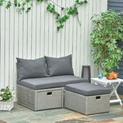 OUTSUNNY Ensemble Salon De Jardin 3 Places 3 Pièces - Canapé 2 Places, Pouf, Coffre Rangement - 4 Coussins Inclus - Résine Tressée Imitation Rotin Gris -Promos Verde Rêverie Boutique 32477729 2