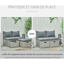OUTSUNNY Ensemble Salon De Jardin 3 Places 3 Pièces - Canapé 2 Places, Pouf, Coffre Rangement - 4 Coussins Inclus - Résine Tressée Imitation Rotin Gris -Promos Verde Rêverie Boutique 32477729 4