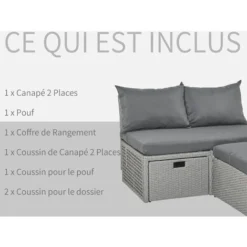 OUTSUNNY Ensemble Salon De Jardin 3 Places 3 Pièces - Canapé 2 Places, Pouf, Coffre Rangement - 4 Coussins Inclus - Résine Tressée Imitation Rotin Gris -Promos Verde Rêverie Boutique 32477729 5