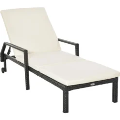 OUTSUNNY Bain De Soleil Transat Grand Confort : Matelas, Inclinaison Réglable Multipositions, Accoudoirs, Roulettes Résine Tressée Noir