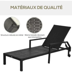 OUTSUNNY Bain De Soleil Transat Grand Confort : Matelas, Inclinaison Réglable Multipositions, Accoudoirs, Roulettes Résine Tressée Noir -Promos Verde Rêverie Boutique 32585027 4