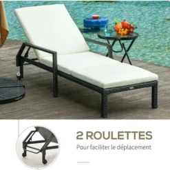 OUTSUNNY Bain De Soleil Transat Grand Confort : Matelas, Inclinaison Réglable Multipositions, Accoudoirs, Roulettes Résine Tressée Noir -Promos Verde Rêverie Boutique 32585027 5