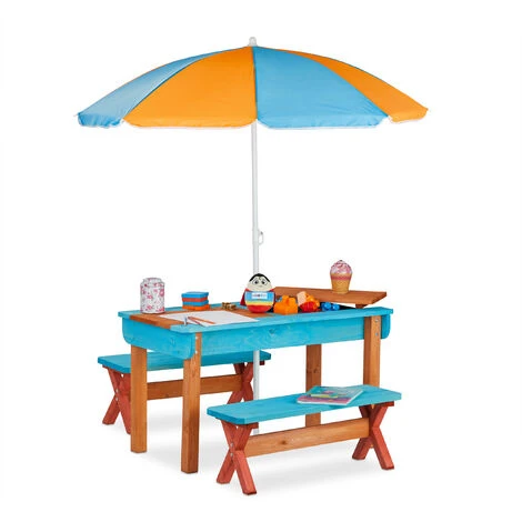 Relaxdays Ensemble Chaise Et Table De Jeux Enfant Jardin, En Bois, Table, 2 Bancs Et Parasol, Meuble Extérieur, Coloré 3 Relaxdays Ensemble Chaise Et Table De Jeux Enfant Jardin, En Bois, Table, 2 Bancs Et Parasol, Meuble Extérieur, Coloré