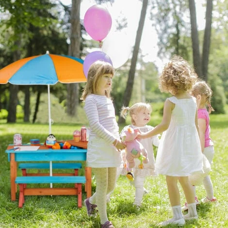 Relaxdays Ensemble Chaise Et Table De Jeux Enfant Jardin, En Bois, Table, 2 Bancs Et Parasol, Meuble Extérieur, Coloré 4 Relaxdays Ensemble Chaise Et Table De Jeux Enfant Jardin, En Bois, Table, 2 Bancs Et Parasol, Meuble Extérieur, Coloré – Image 2