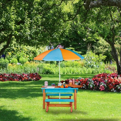 Relaxdays Ensemble Chaise Et Table De Jeux Enfant Jardin, En Bois, Table, 2 Bancs Et Parasol, Meuble Extérieur, Coloré 5 Relaxdays Ensemble Chaise Et Table De Jeux Enfant Jardin, En Bois, Table, 2 Bancs Et Parasol, Meuble Extérieur, Coloré – Image 3