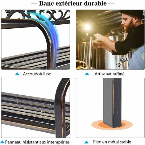 COSTWAY Banc De Jardin 3 Places Extérieur Cadre Métallique Style Ancien 127 X 63,5 X 89 Cm Résistant Aux Intempéries Charge 320kg 4 COSTWAY Banc De Jardin 3 Places Extérieur Cadre Métallique Style Ancien 127 X 63,5 X 89 Cm Résistant Aux Intempéries Charge 320kg – Image 2