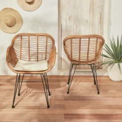 Lot De Deux Fauteuils Effet Bambou - Résine Et Métal Noir. Style Colonial. Assise Beige Beige / Beige -Promos Verde Rêverie Boutique 33361102 4