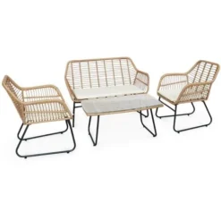 Salon De Jardin 4 Personnes – Résine Effet Bambou Et Structure En Métal Noir – NATUNA - Style Colonial. Bi-matière