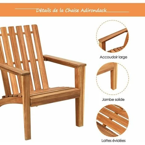 COSTWAY Chaise De Jardin/Adirondack En Acacia Certifié FSC Résistant Aux Intempéries Charge 160 Kg Salon Terrasse Balcon Naturel 4 COSTWAY Chaise De Jardin/Adirondack En Acacia Certifié FSC Résistant Aux Intempéries Charge 160 Kg Salon Terrasse Balcon Naturel – Image 2