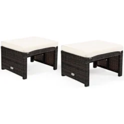 COSTWAY 2 Tabouret De Jardin Résine Tressée En Rotin PE Avec Coussin Gris, Pour Terrasse Et Piscine, 49 X 40 X 33 CM Blanc