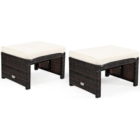 COSTWAY 2 Tabouret De Jardin Résine Tressée En Rotin PE Avec Coussin Gris, Pour Terrasse Et Piscine, 49 X 40 X 33 CM Blanc 3 COSTWAY 2 Tabouret De Jardin Résine Tressée En Rotin PE Avec Coussin Gris, Pour Terrasse Et Piscine, 49 X 40 X 33 CM Blanc