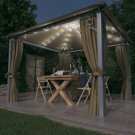 Tonnelle Avec Rideau Et Lumières LED 3x3 M Taupe Aluminium VidaXL 4 Tonnelle Avec Rideau Et Lumières LED 3x3 M Taupe Aluminium VidaXL – Image 2