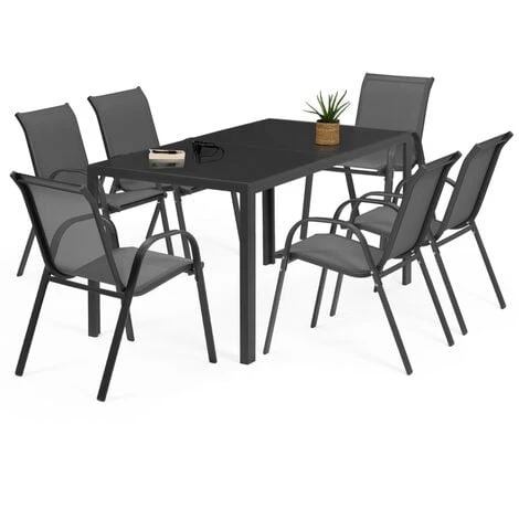 Salon De Jardin MADRID Table 150 CM Et 6 Chaises Empilables Gris Anthracite 3 Salon De Jardin MADRID Table 150 CM Et 6 Chaises Empilables Gris Anthracite
