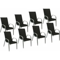 Lot De 8 Chaises MARBELLA En Textilène Noir - Aluminium Gris