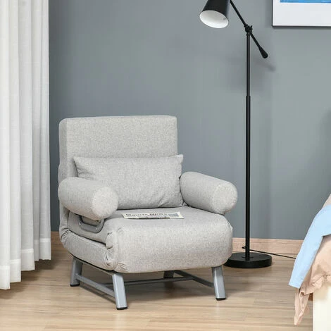 HOMCOM Fauteuil Chauffeuse Canapé-lit Convertible Inclinable 1 Place Grand Confort Coussin Lombaires Accoudoirs Piètement Métal Lin Gris Clair 4 HOMCOM Fauteuil Chauffeuse Canapé-lit Convertible Inclinable 1 Place Grand Confort Coussin Lombaires Accoudoirs Piètement Métal Lin Gris Clair – Image 2