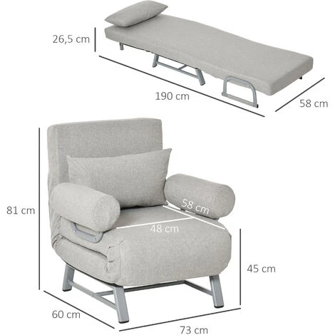 HOMCOM Fauteuil Chauffeuse Canapé-lit Convertible Inclinable 1 Place Grand Confort Coussin Lombaires Accoudoirs Piètement Métal Lin Gris Clair 5 HOMCOM Fauteuil Chauffeuse Canapé-lit Convertible Inclinable 1 Place Grand Confort Coussin Lombaires Accoudoirs Piètement Métal Lin Gris Clair – Image 3